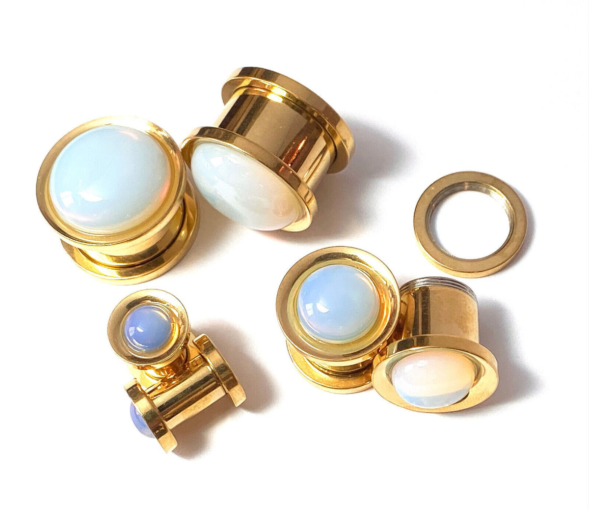 PAIR Opalite Stone Dome Gold Steel Screw Fit Tunnels Gauge Plugs Body Jewelry