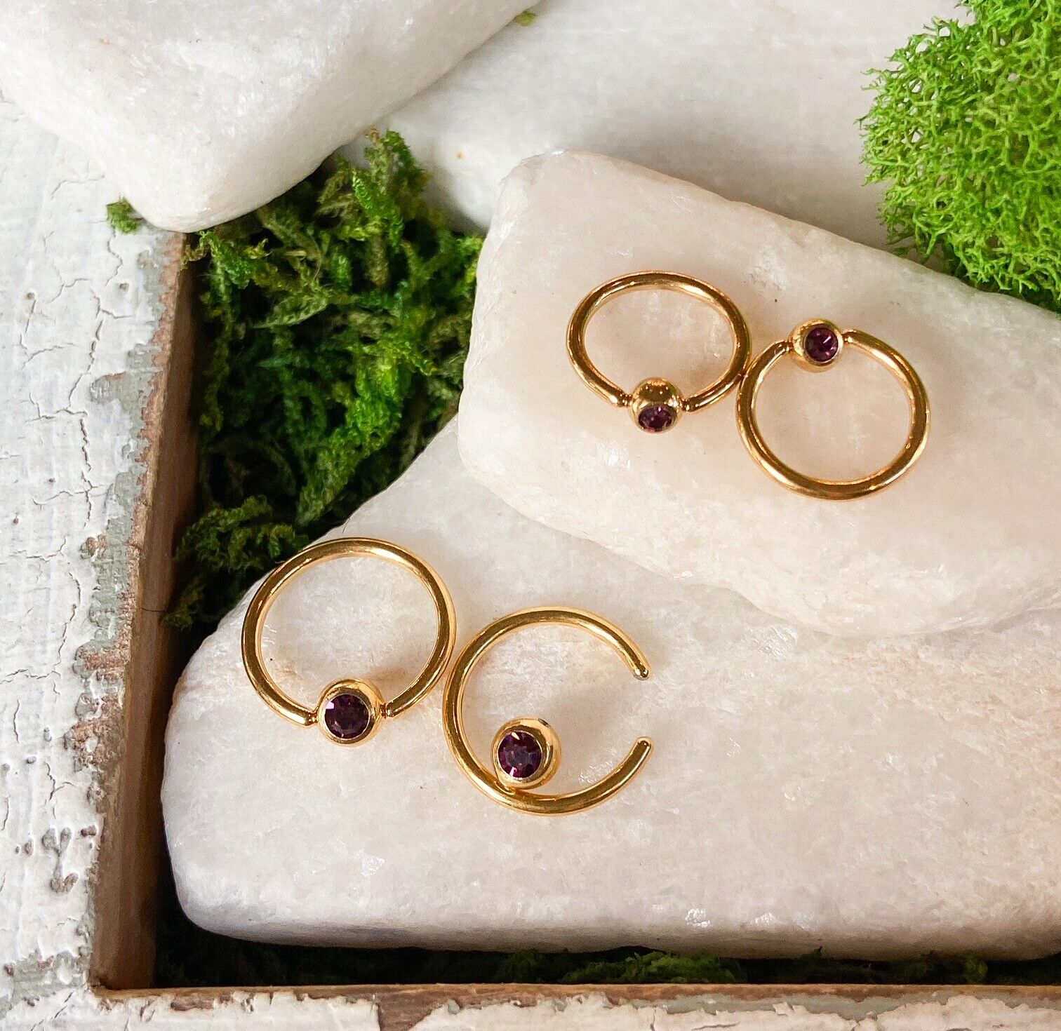 PAIR Gold Plated Gem Captive Bead Rings for Ears, Eyebrow, Septum, Nipples, etc (Gem Color: Purple)