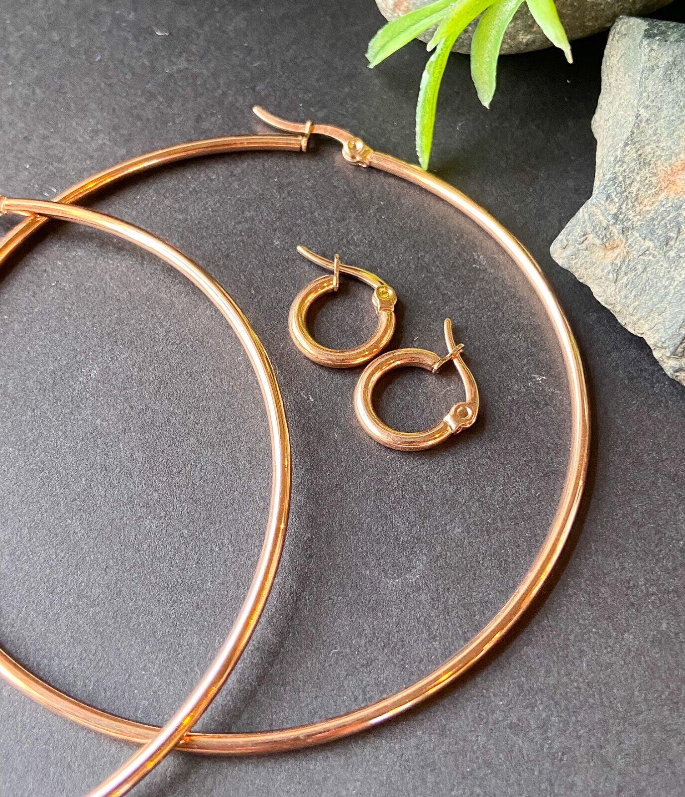 PAIR of Round Hoop Earrings 22g Rose Gold Ion Plated Stainless Steel