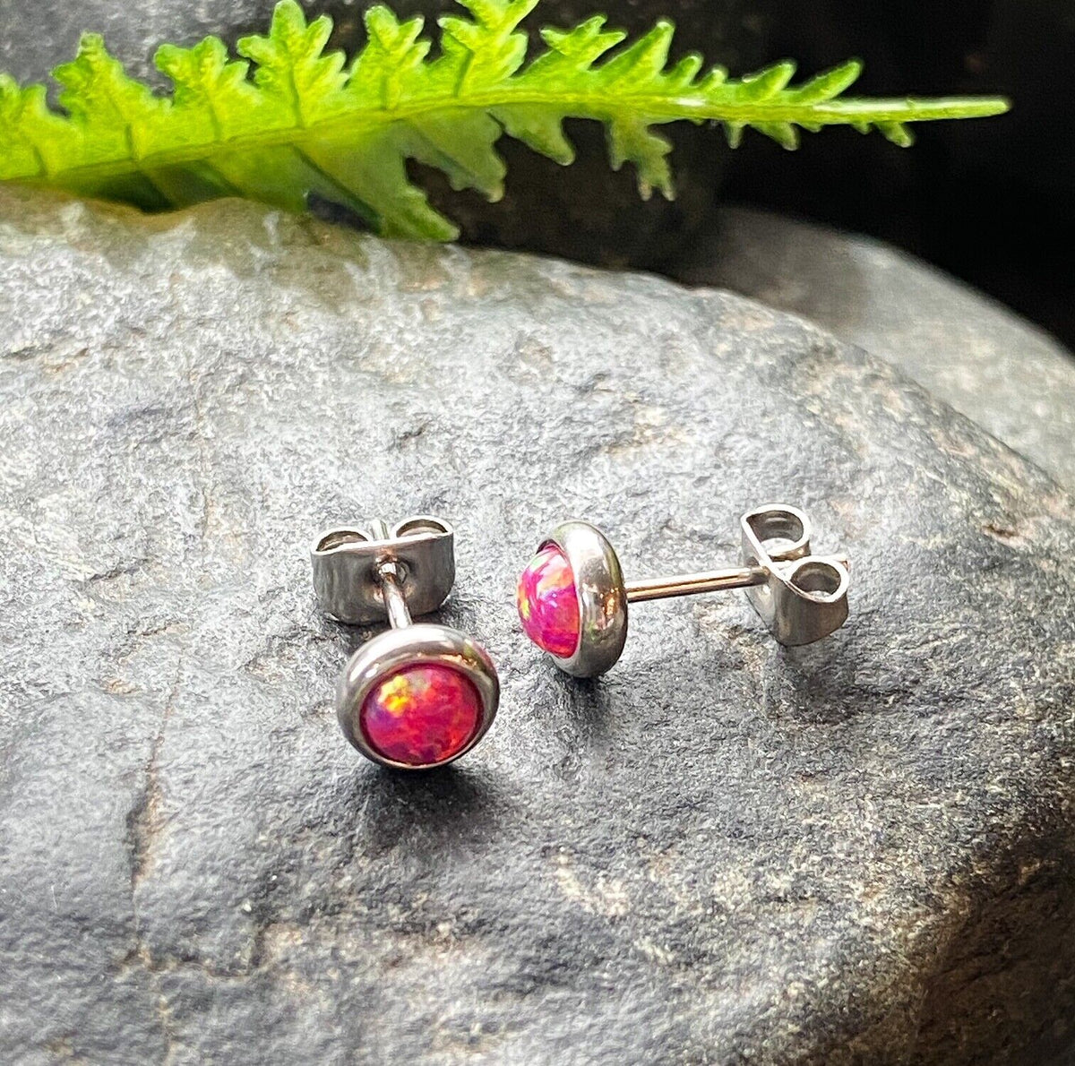 PAIR Bezel Set Opal 316L Surgical Steel Earrings - choose from 18 color combos! (Color: Fuschia / Silver)