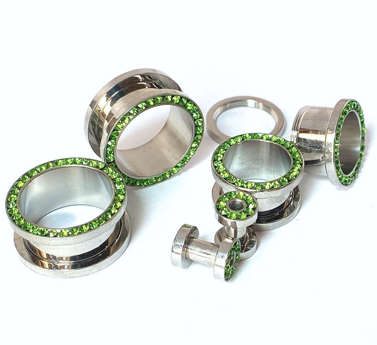 PAIR Peridot Green Gem Rimmed 316L Surgical Steel Screw Fit Tunnels Plugs Gauges