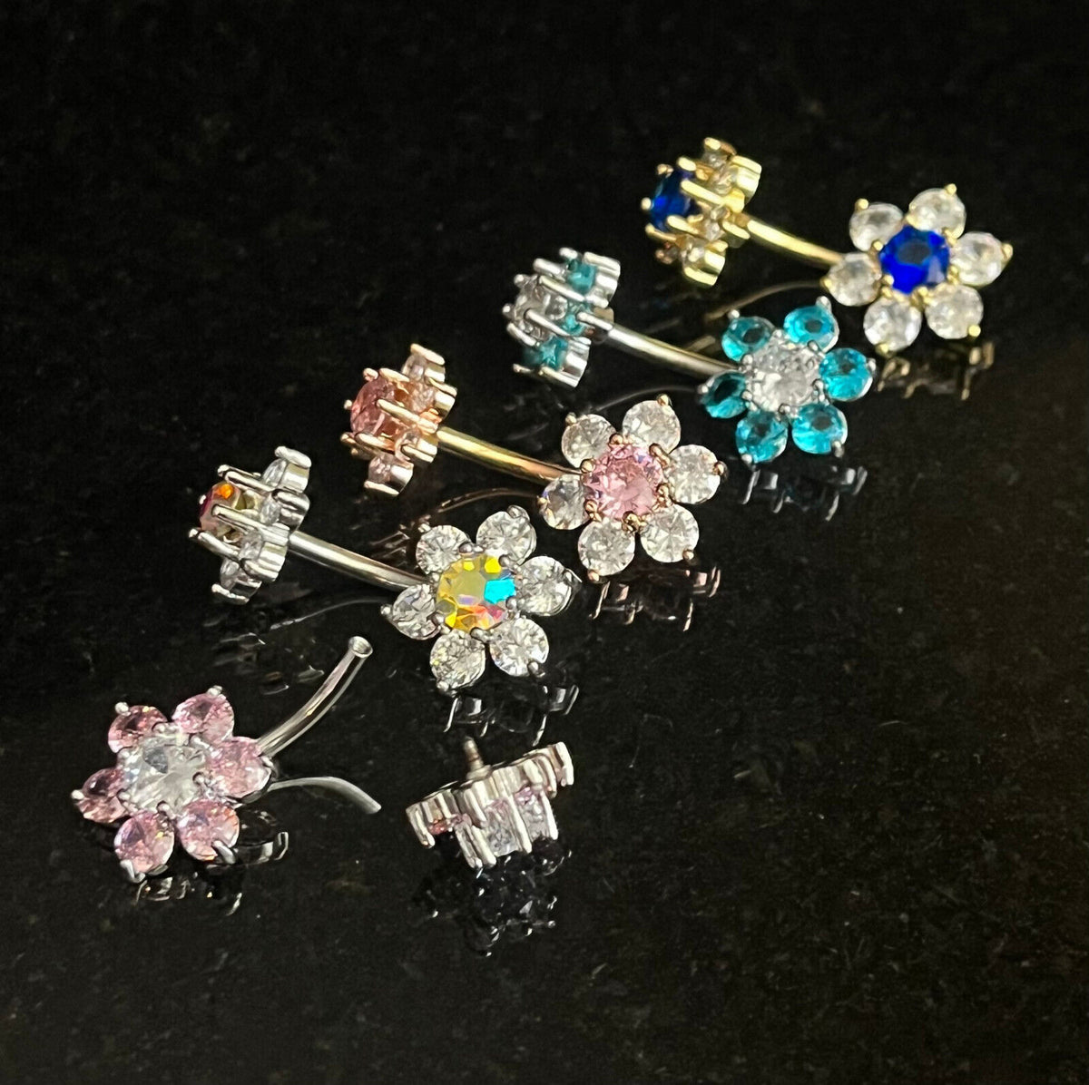 1pc Double 7 Gem Flower Internally Threaded Belly Ring Steel Navel Naval