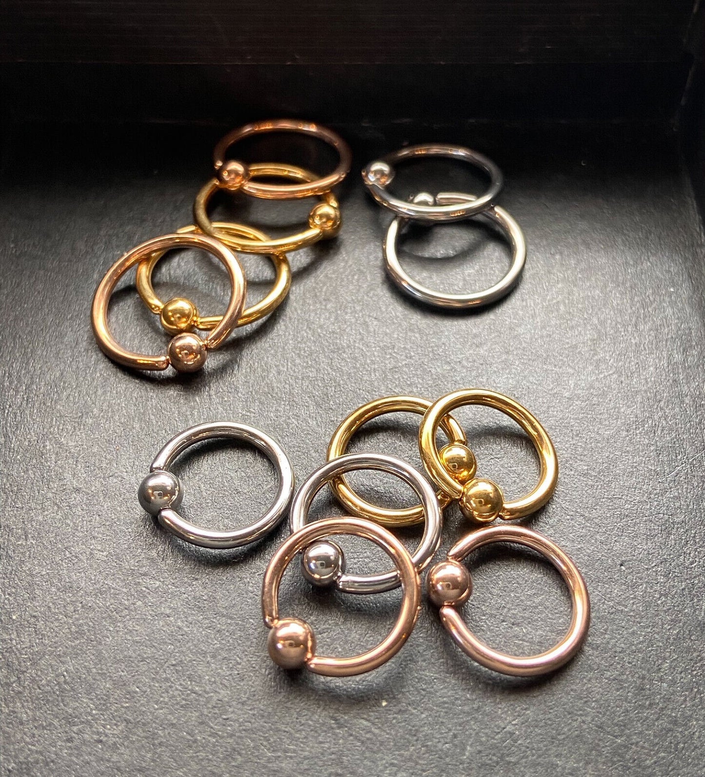 3 PAIR Value Pack Steel, Gold and Rose Gold Captive Bead Rings CBR's 16g 14g