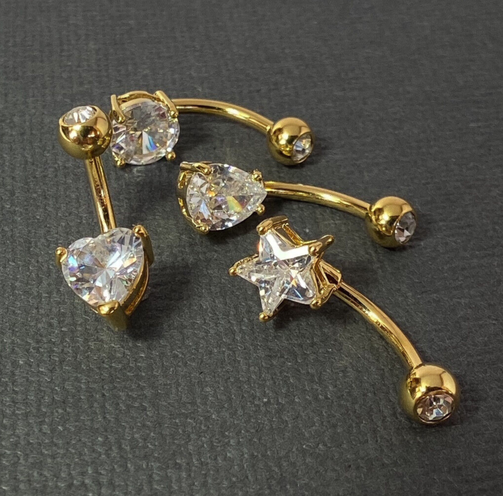4pc Value Pack Heart, Round, Star, Tear Drop CZ Gem Belly Rings Navel Naval (Color: Gold)