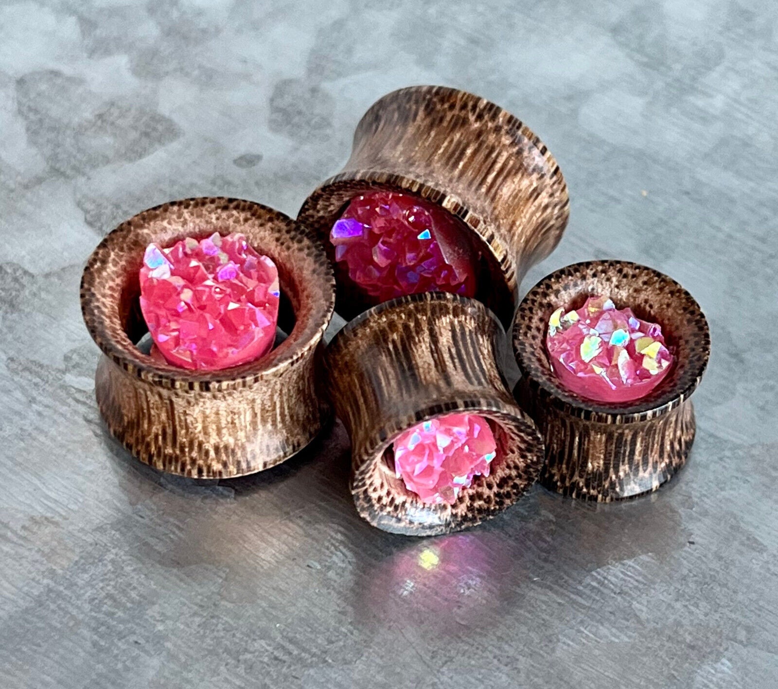 PAIR Synthetic Rough Druzy Stone Coconut Wood Tunnels Plugs Gauges Body Jewelry (Color: Pink)