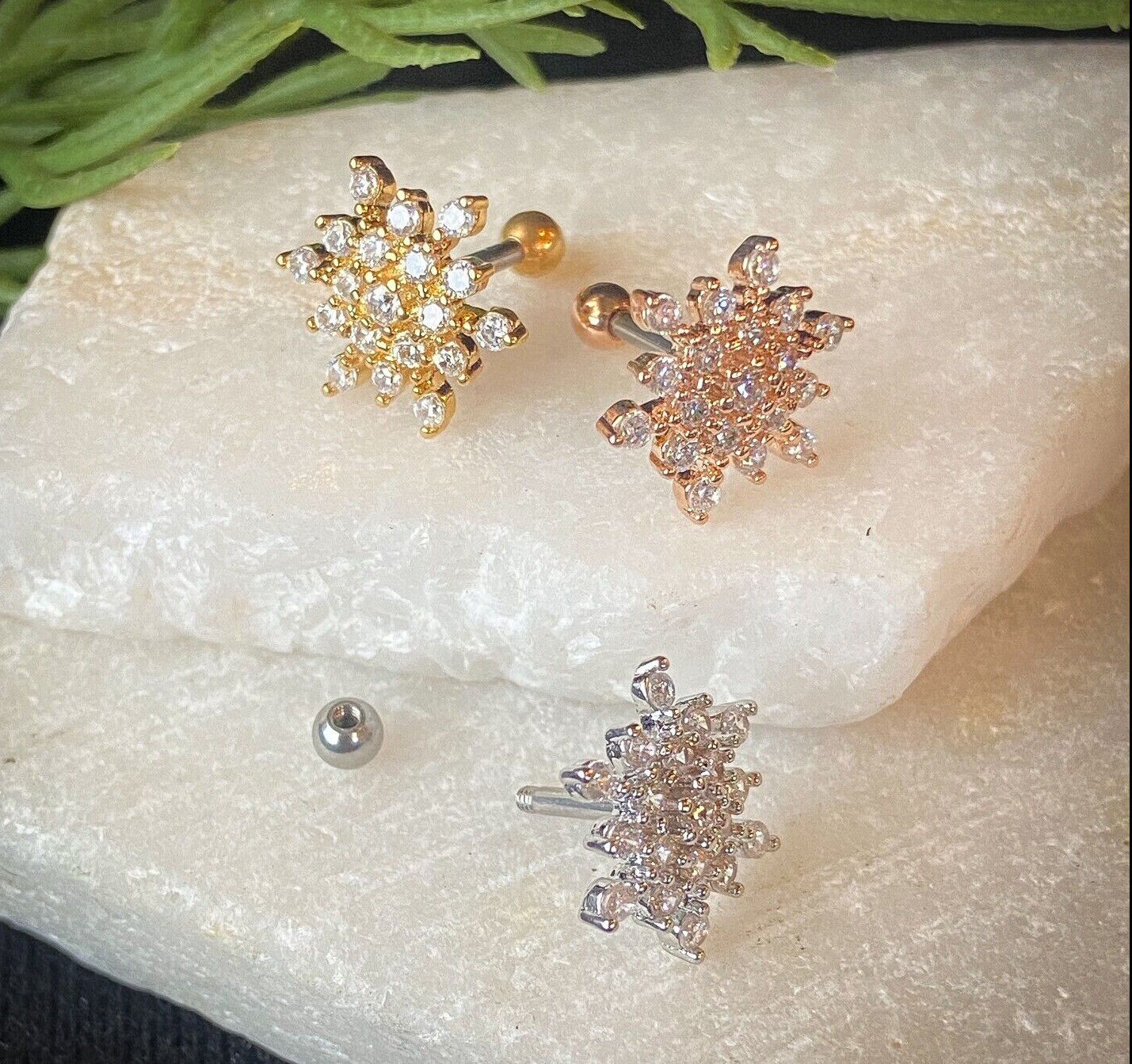 1pc CZ Gem Paved Snowflake Snow Flake Tragus Cartilage Barbell Ring 16g 1/4"