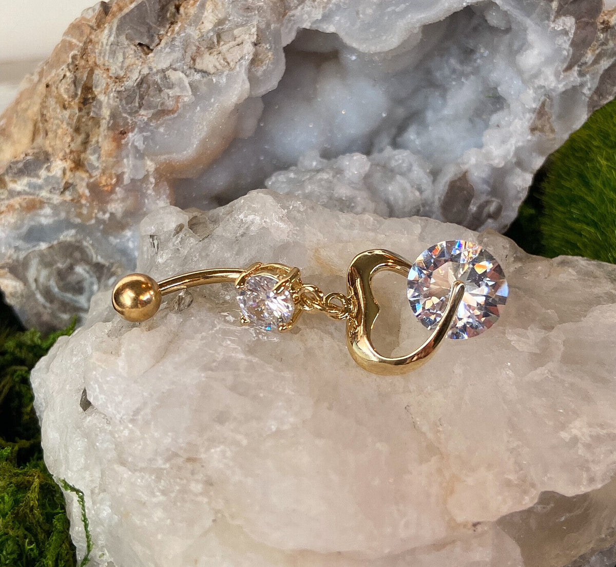 Gold Heart Clear CZ Gem Belly Ring Navel Piercing Pierced Naval Body Jewelry