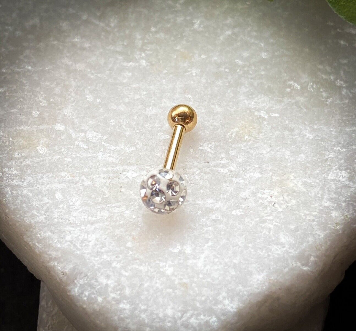 1pc Epoxy Coated Crystal Paved Ball Helix Tragus Cartilage Barbell Int. Threaded (Color: Gold)