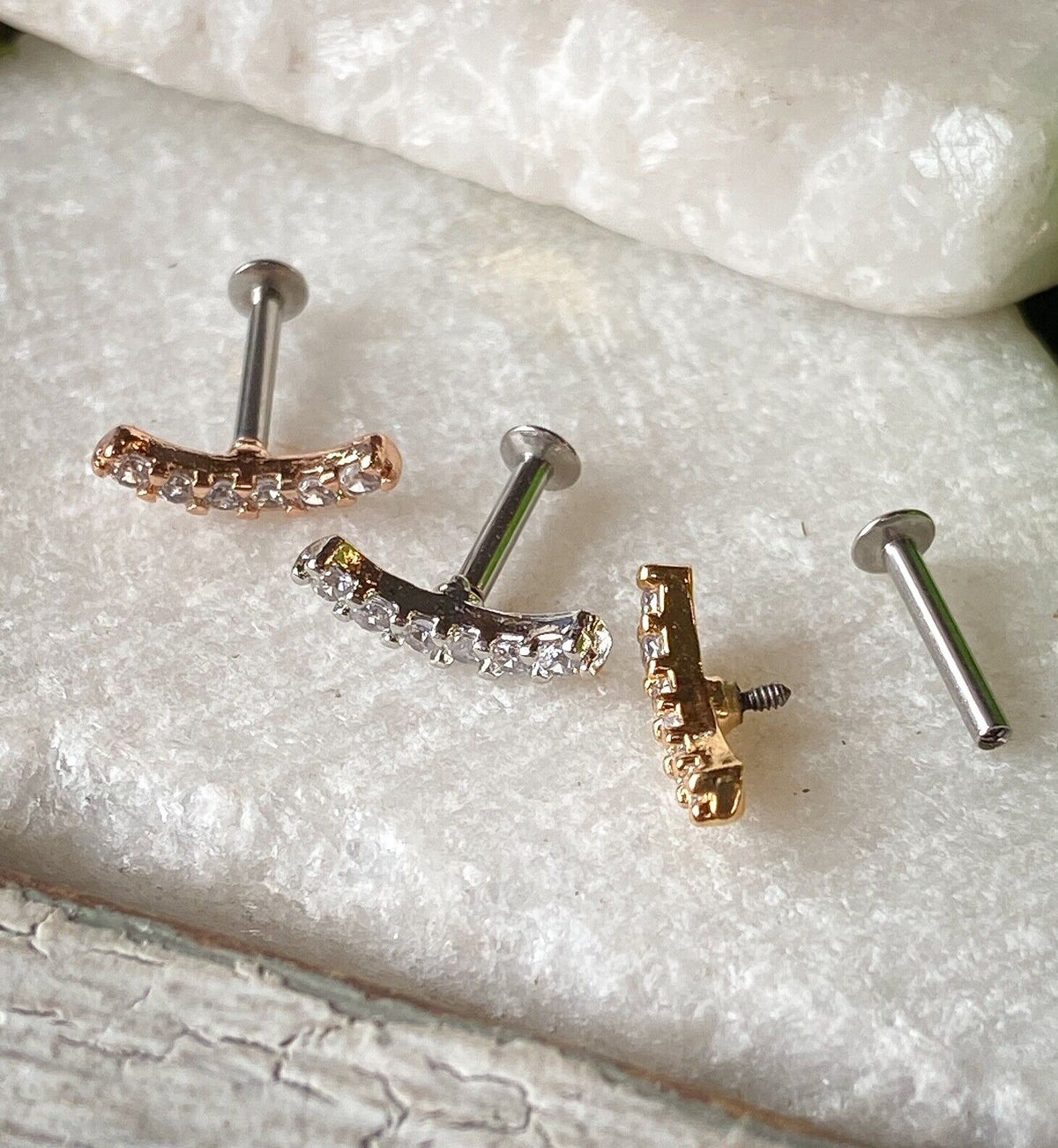 1pc Lined CZ Gem Curve 16g Internally Threaded 1/4" or 5/16" Steel Labret Monroe