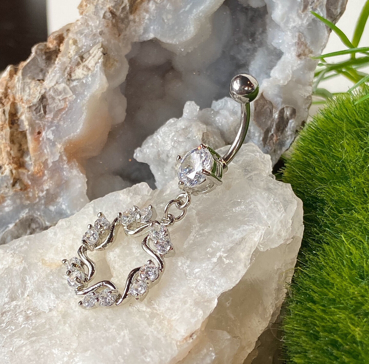 Star Circle CZ Clear Gem Dangle Belly Ring Navel Piercing Pierced Naval Jewelry
