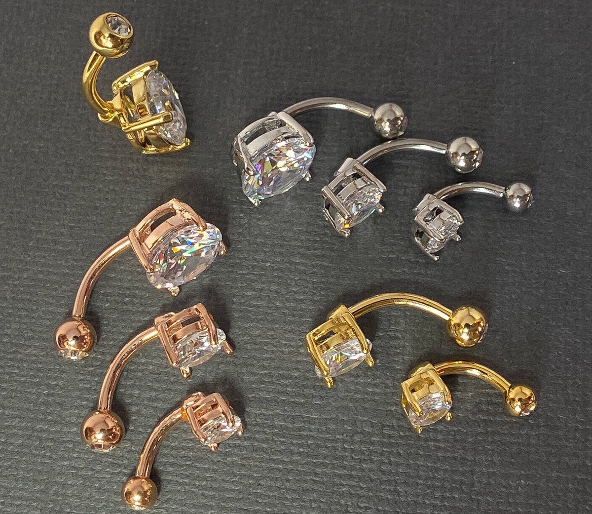 3pc Value Pack 5mm, 7mm, 10mm Prong Set Round CZ Gem Belly Rings Navel Naval