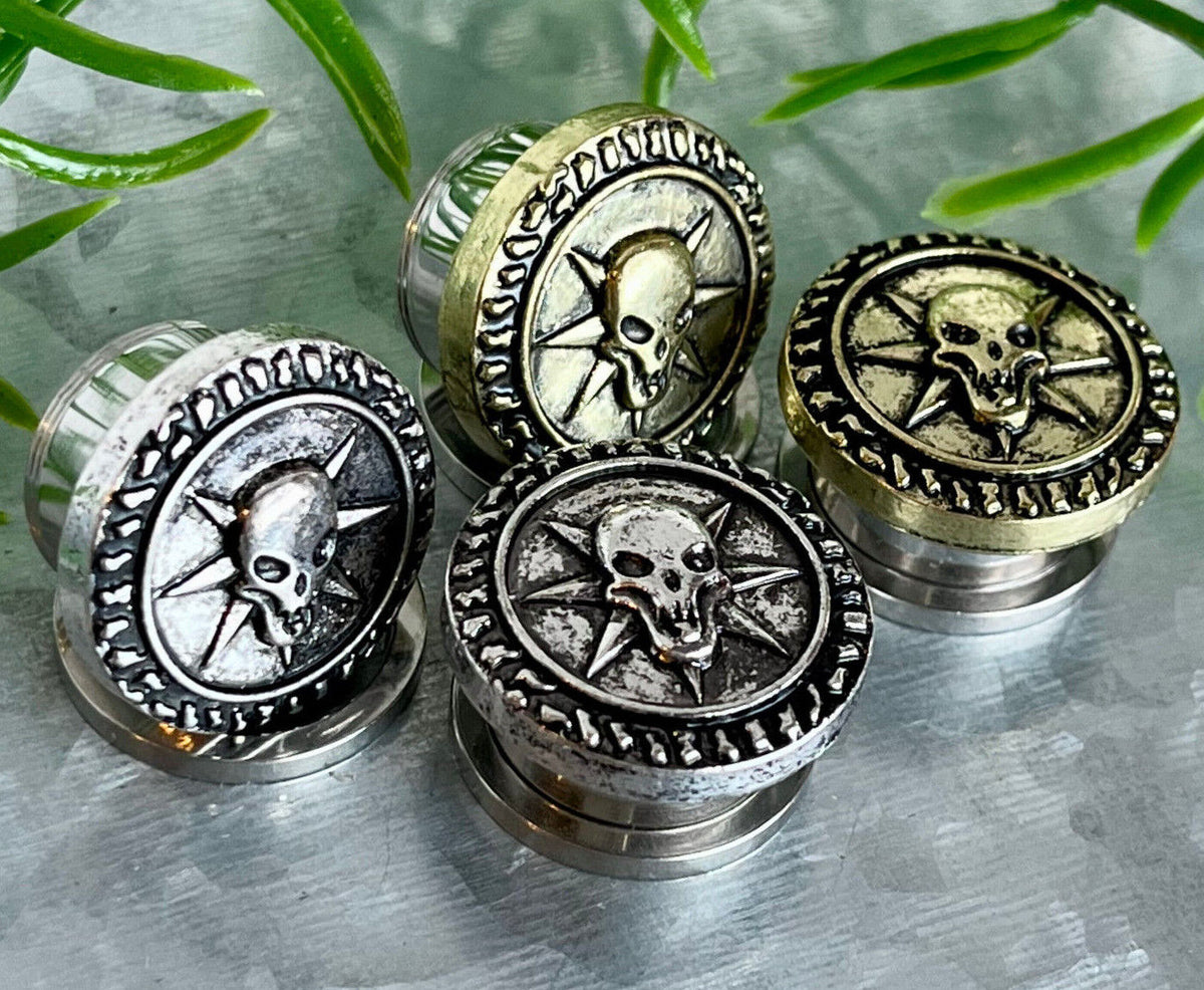 PAIR Skull Top Steel Screw Fit Flesh Tunnels Plugs Earlets Gauges Body Jewelry