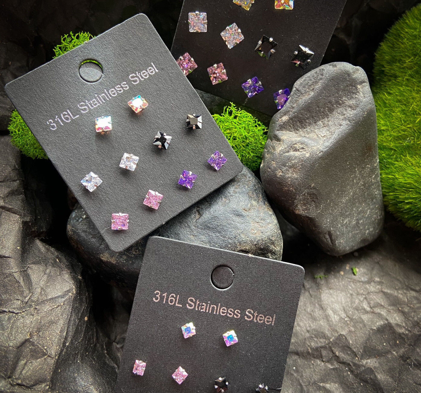 5 PAIRS Square CZ Gem Stud Earrings 316L Steel retail / display peggable card