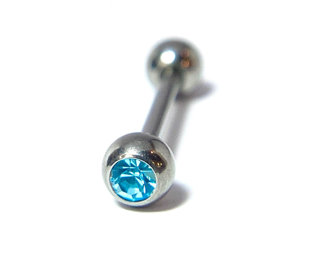 1pc Solid Grade 23 Titanium Barbell 14g, 5/8" (16mm) Tongue Tounge Ring w/Gem (Color: Aqua)