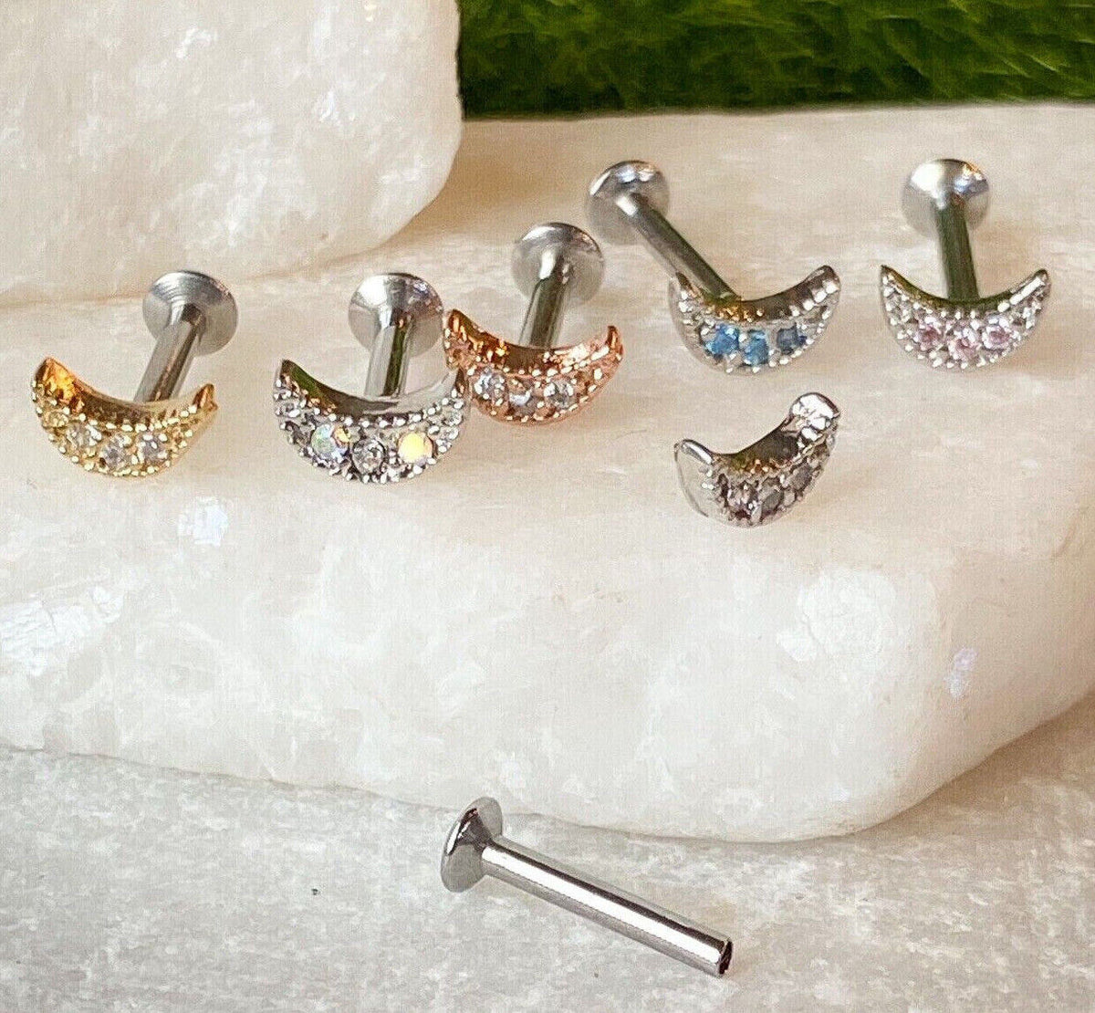 1pc CZ Crescent Moon 16g Internally Threaded 1/4" or 5/16" Steel Labret Monroe