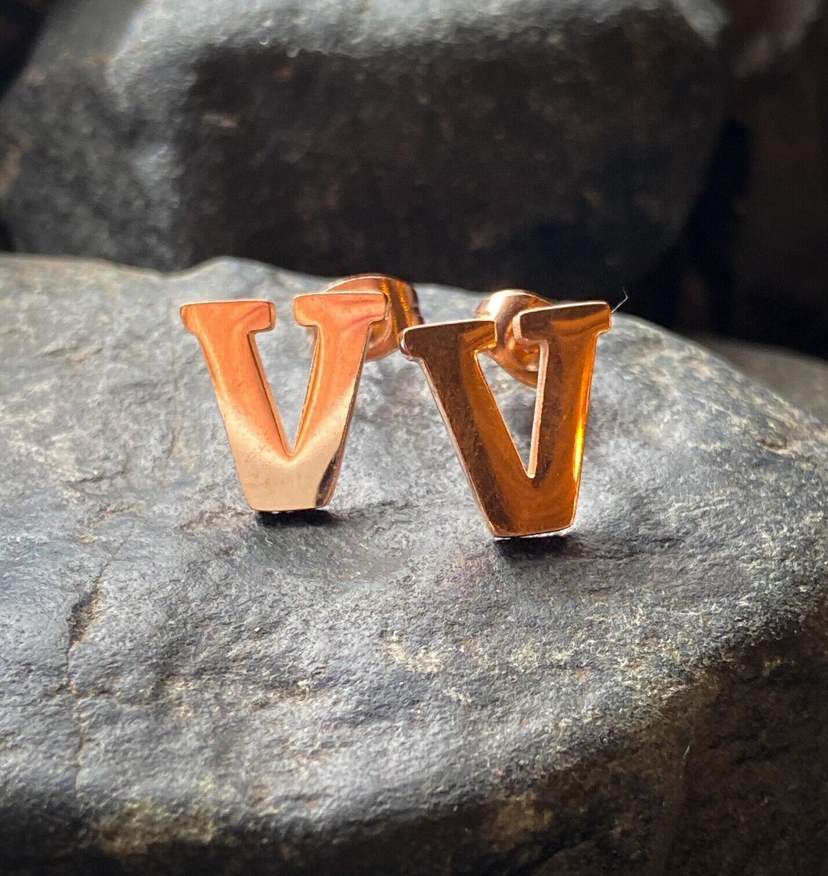 PAIR Rose Gold Plated Steel Initial / Alphabet 20g Earrings - A to Z available! (Letter: V)