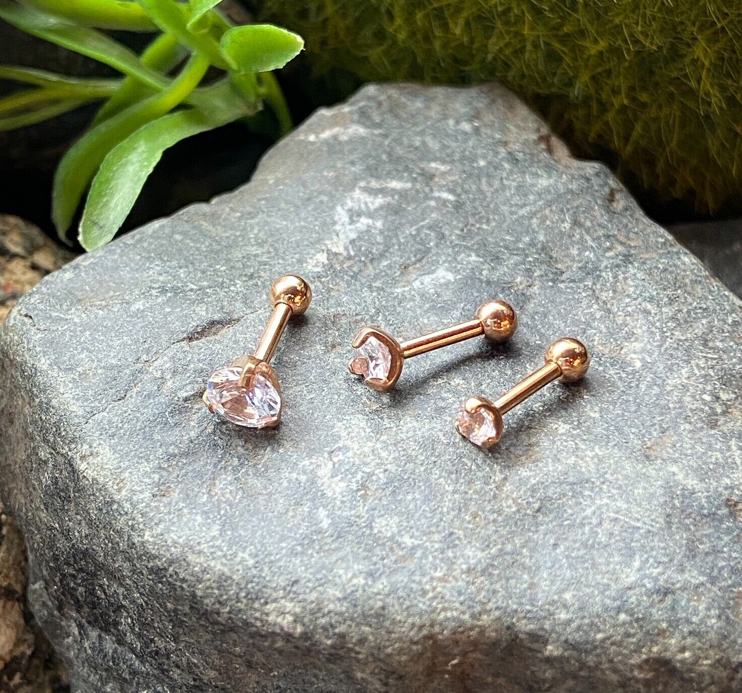 3pc Set of CZ Gem Ion Plated Tragus Helix Cartilage Ring Stud Earring 16g 1/4" (Color: Rose Gold)