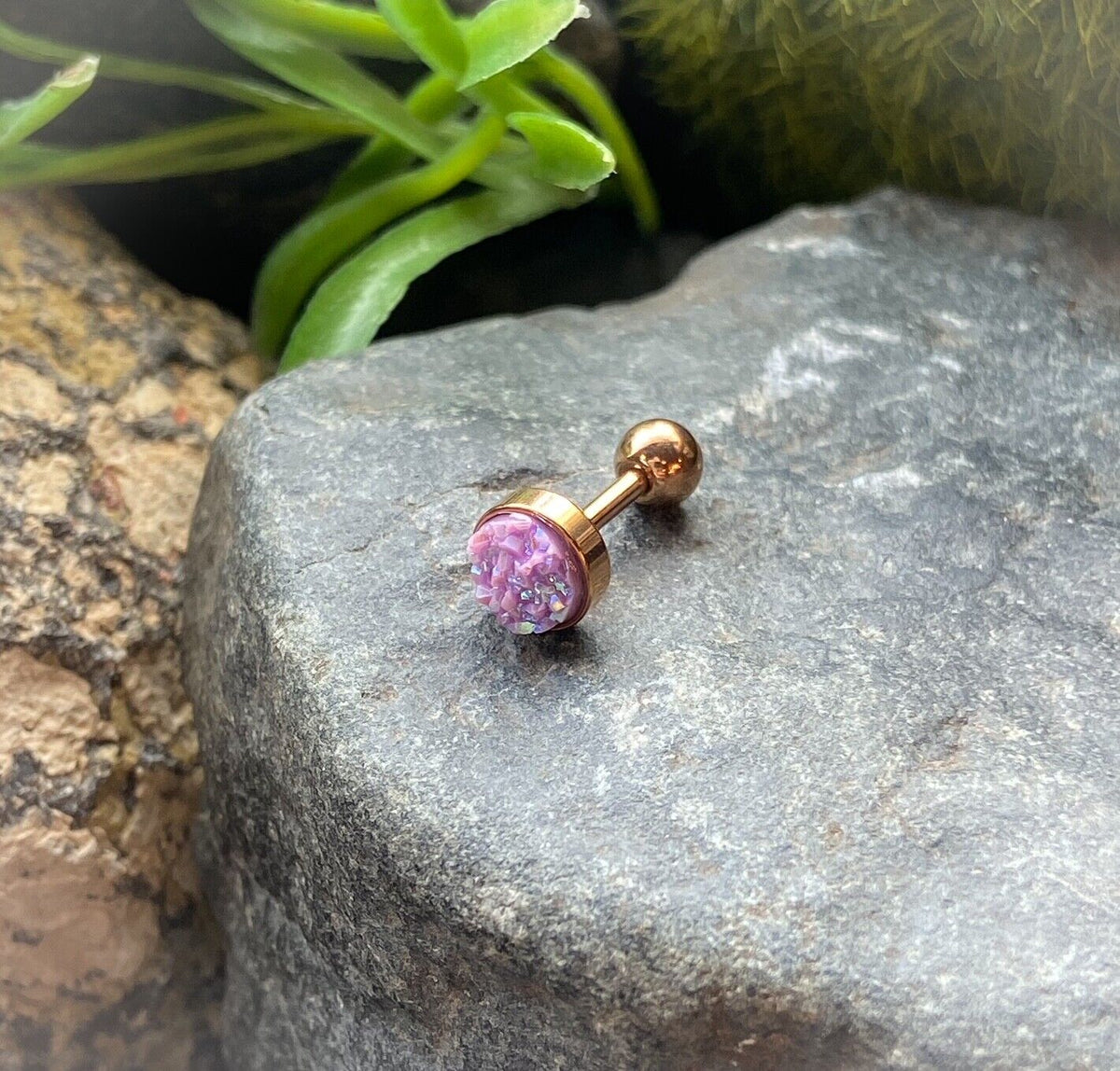 1pc Iridescent Druzy Stone Rose Gold Steel 16g Tragus Stud Ear Cartilage Ring (Color: Lavender)