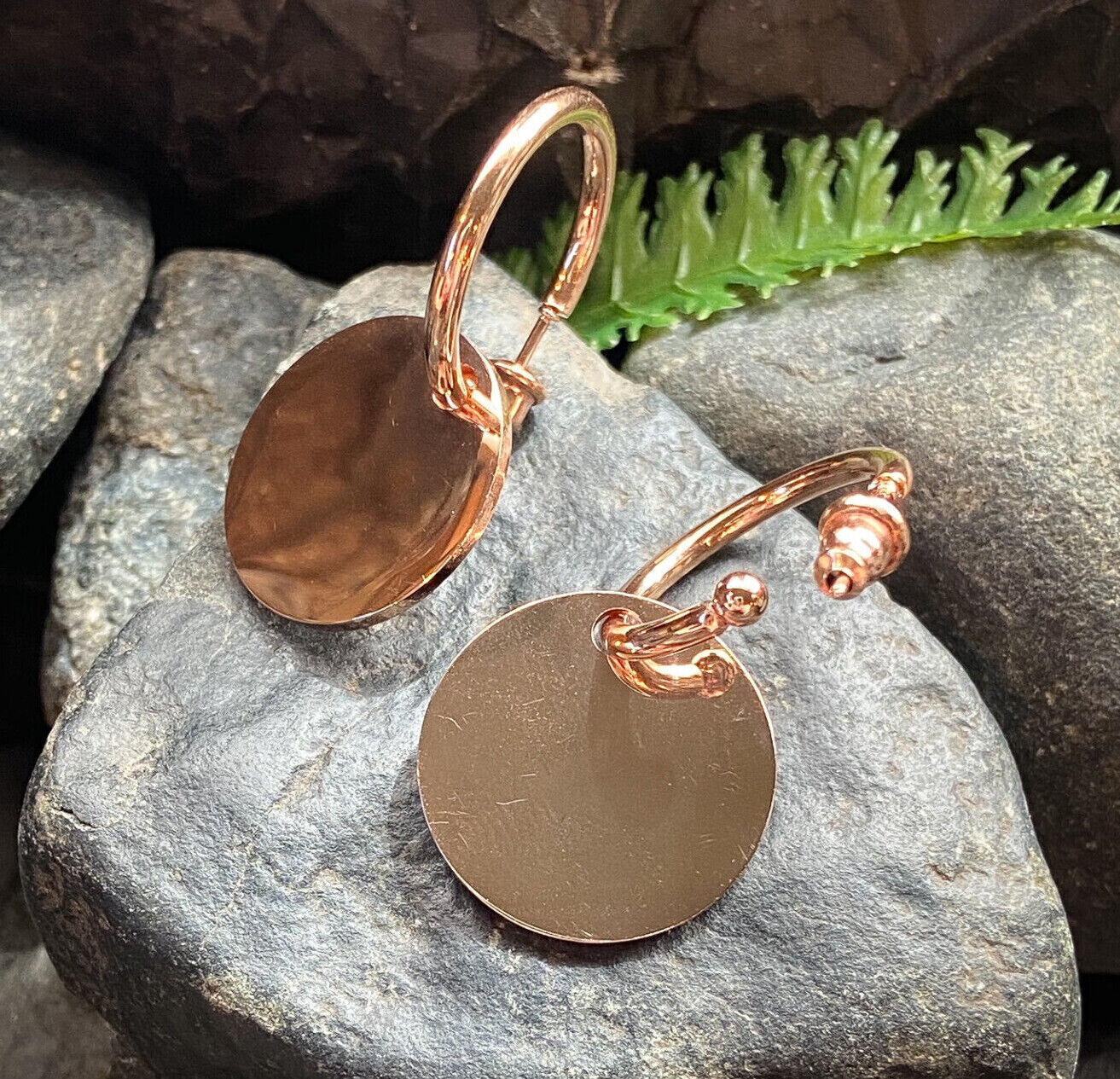 PAIR of Hoop Stud Earrings w/ Round Plate Dangle 20g Stainless Steel (Color: Rose Gold)