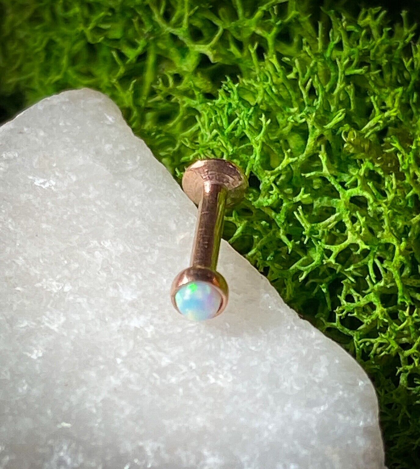 1pc Opal Set Ion Plated Surgical Steel Internally Threaded Labret Monroe (Color: Rose Gold)