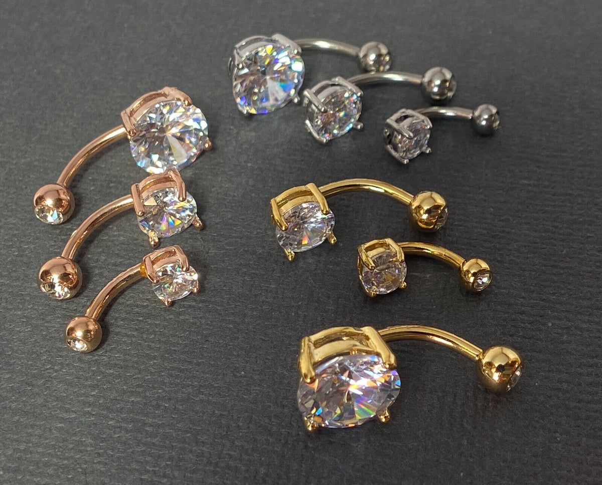 3pc Value Pack 5mm, 7mm, 10mm Prong Set Round CZ Gem Belly Rings Navel Naval