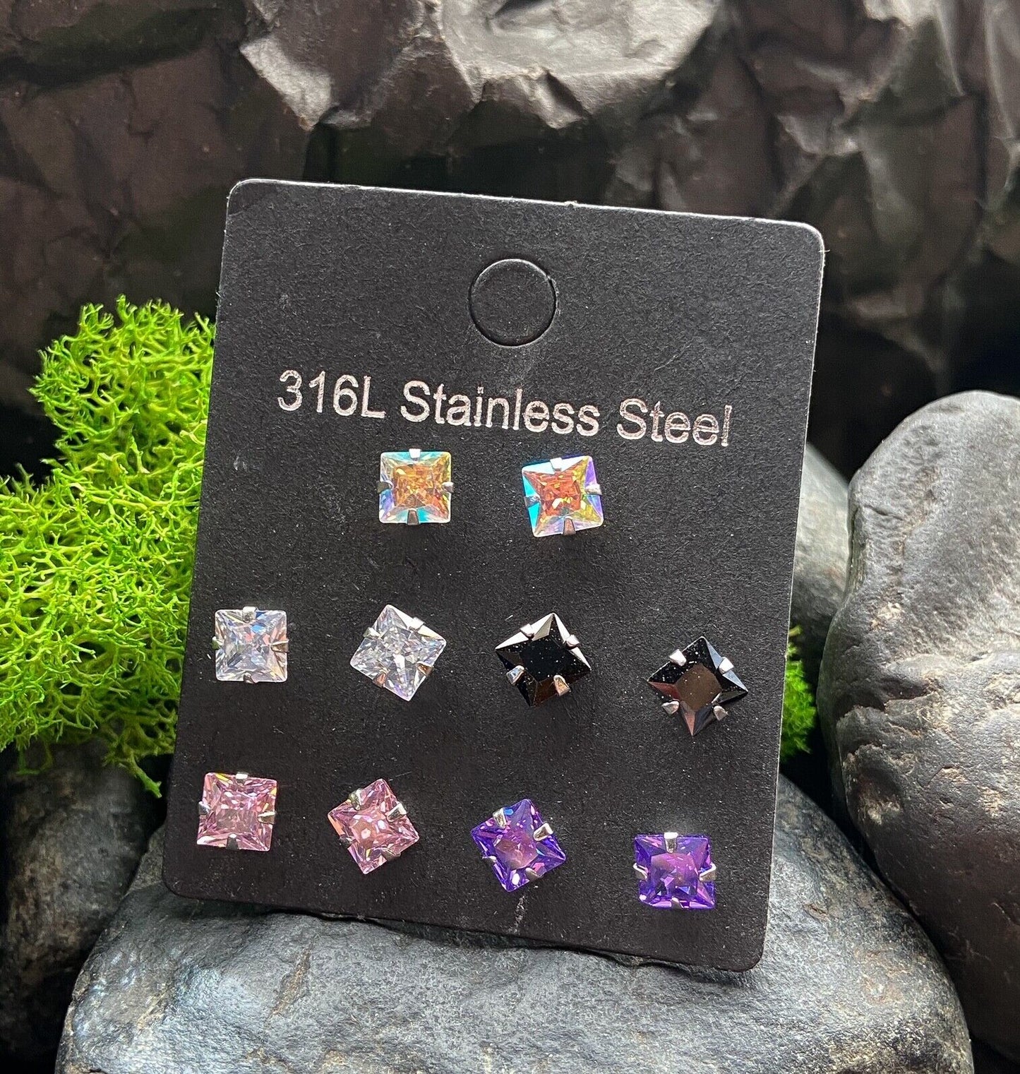 5 PAIRS Square CZ Gem Stud Earrings 316L Steel retail / display peggable card