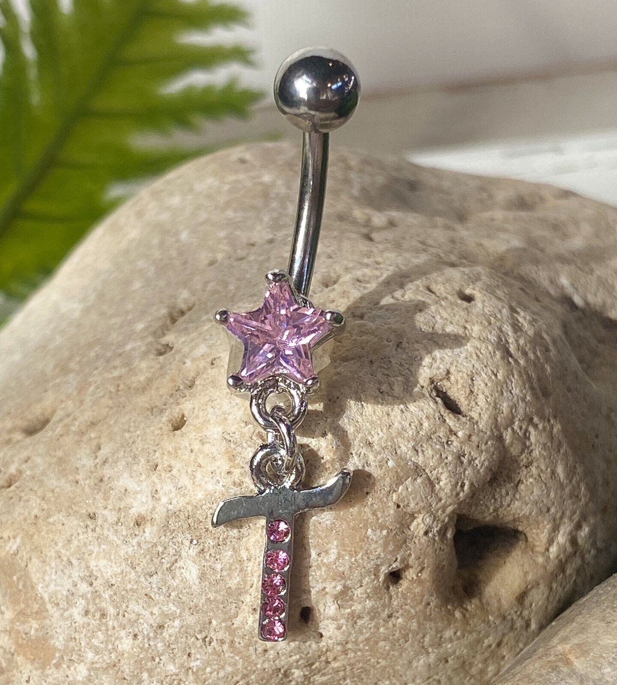1pc Initial Belly Ring "Metro" Style Pink Gems Navel Naval Letter Body Jewelry (Initial: T)