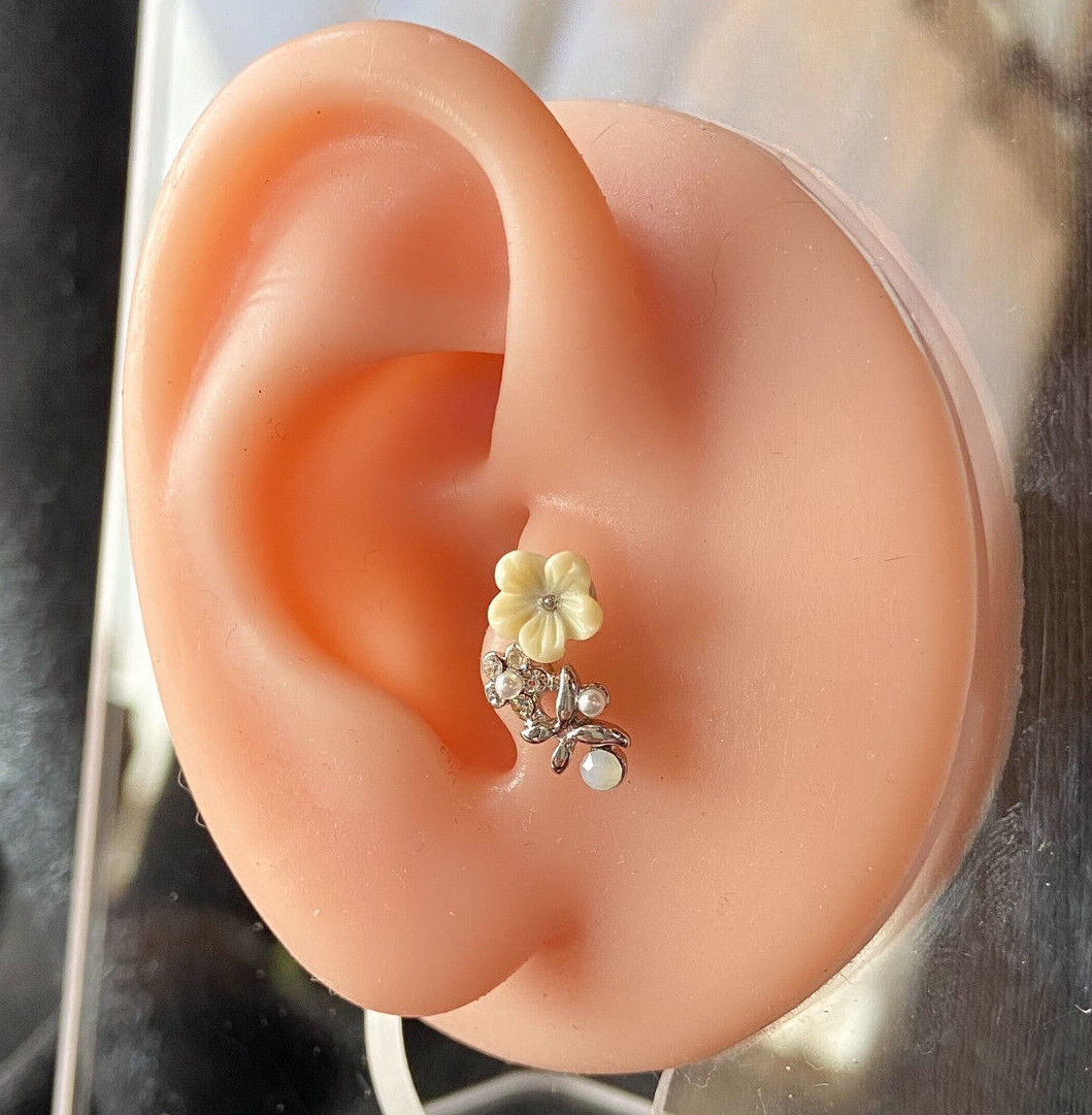 1pc Flower, Pearl, Opalite Gem Curve Tragus Cartilage Barbell Ring 16g 1/4"