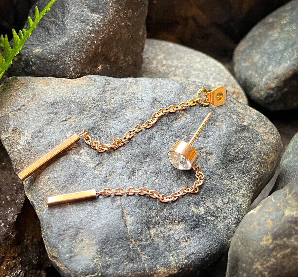 PAIR of 6mm Bezel Set Gem w/Double Bar Chains Free Falling 20g Earring Studs (Color: Rose Gold)