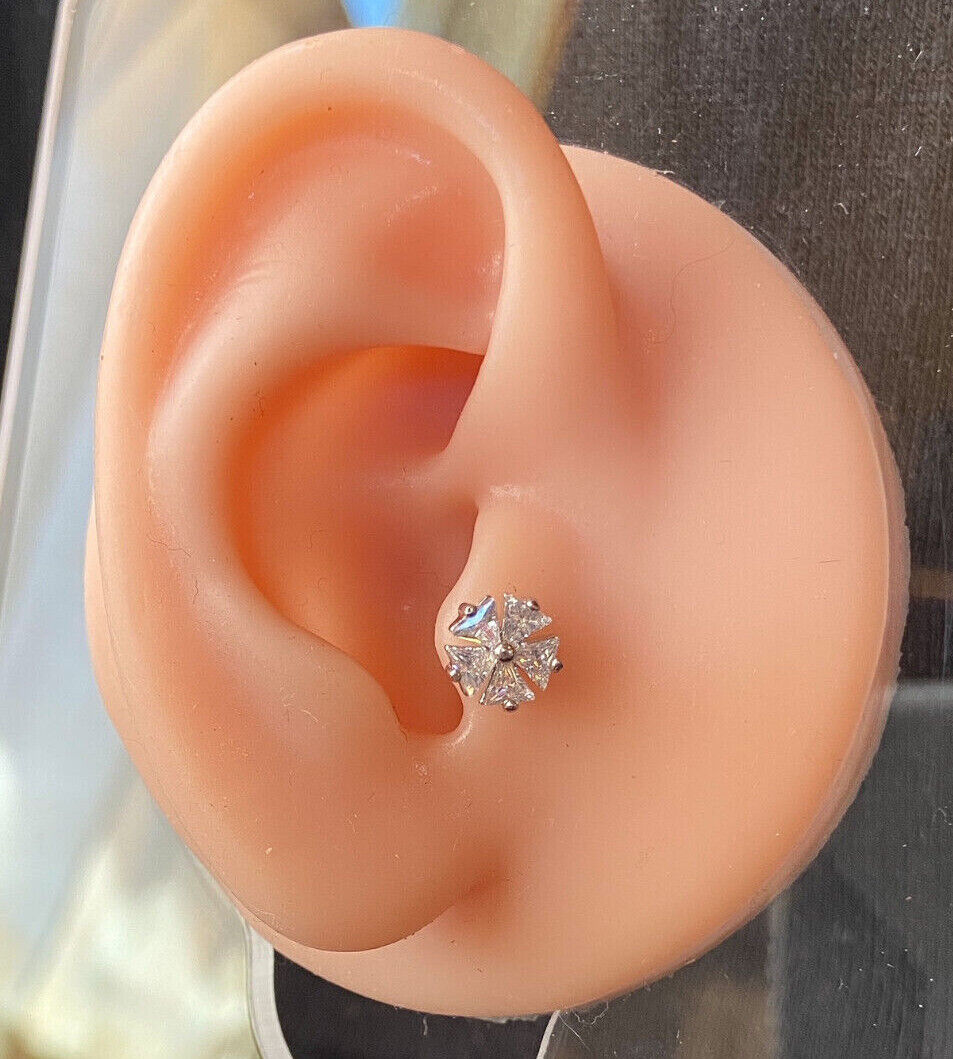 1pc Five CZ Gem Triangle Flower Steel Tragus Cartilage Barbell Ring 16g 1/4"
