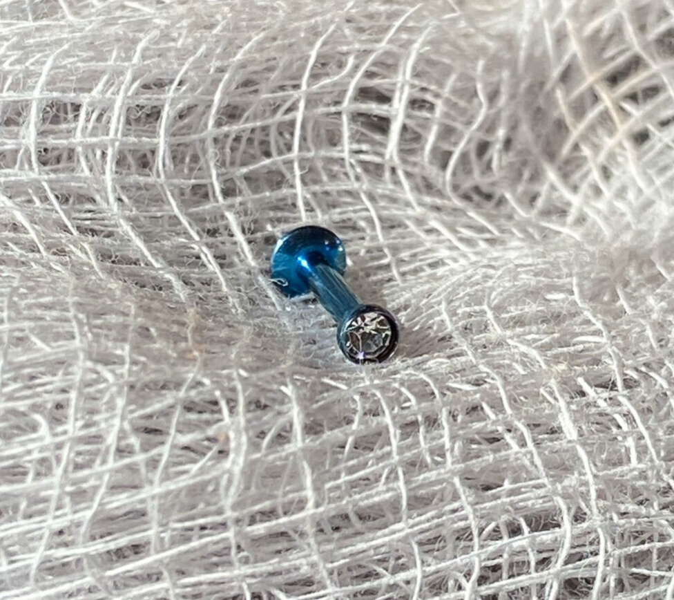 1pc Internally Threaded Tiny 2mm CZ Gem Titanium Labret, Monroe Stud Lip Ring (Color: Blue)