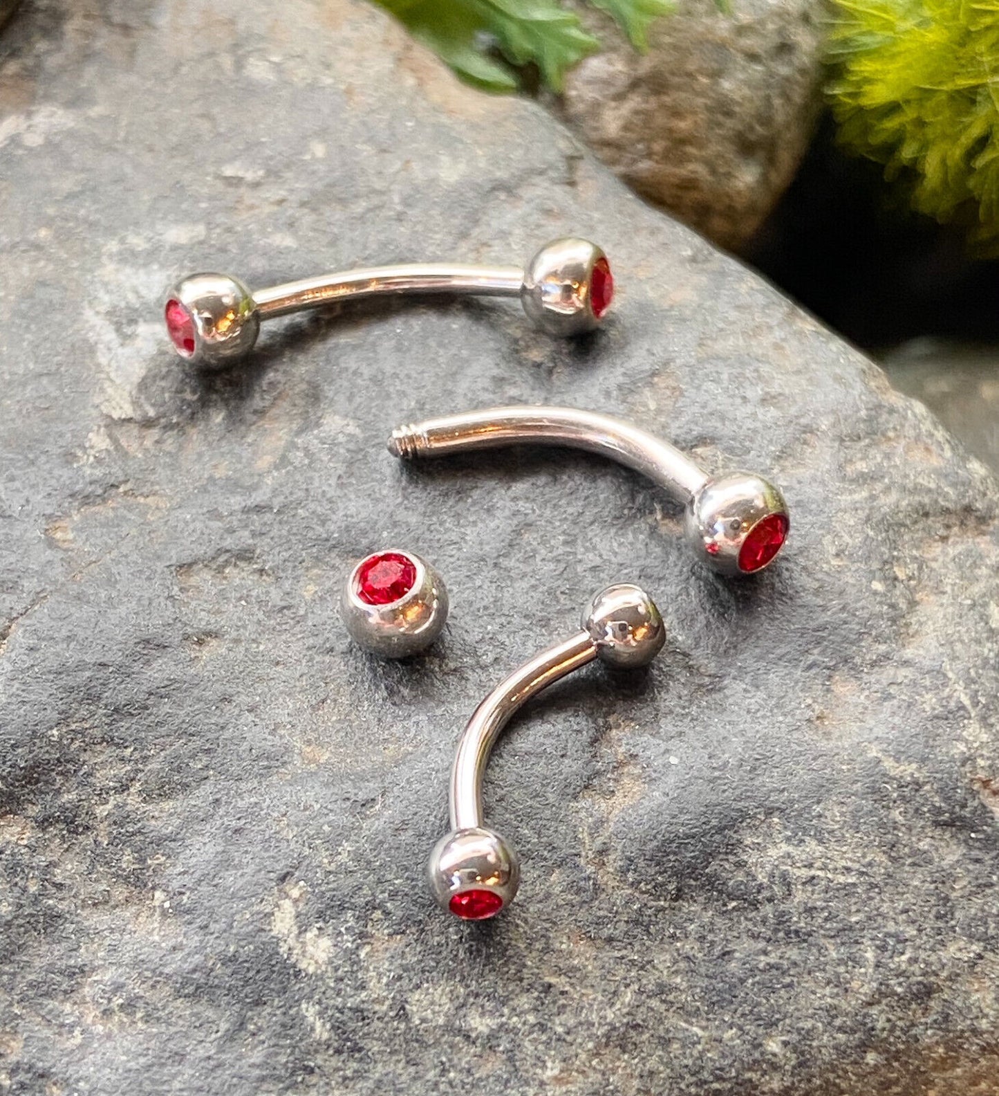 1pc Double Press-Fit CZ Gem Curved Barbell Eyebrow Ring, 14g or 16g (Color: Red)