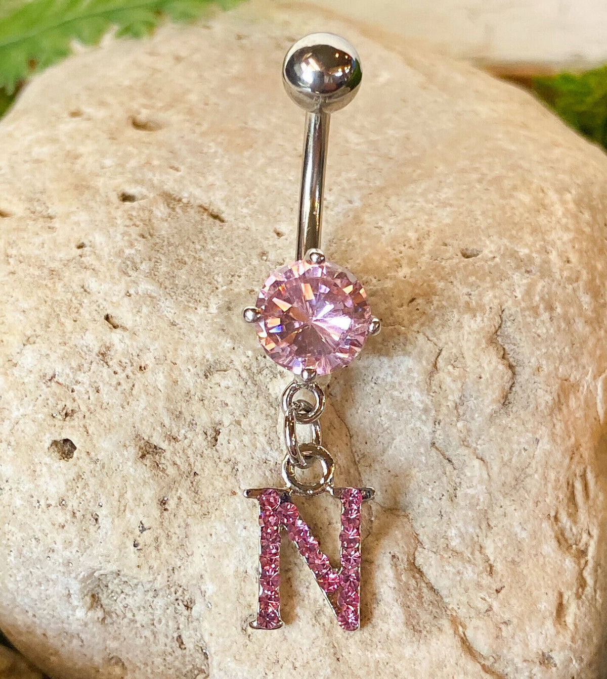 1pc Initial Paved Pink Gem Belly Ring Pierced Navel Letter Naval Piercing (Initial: N)