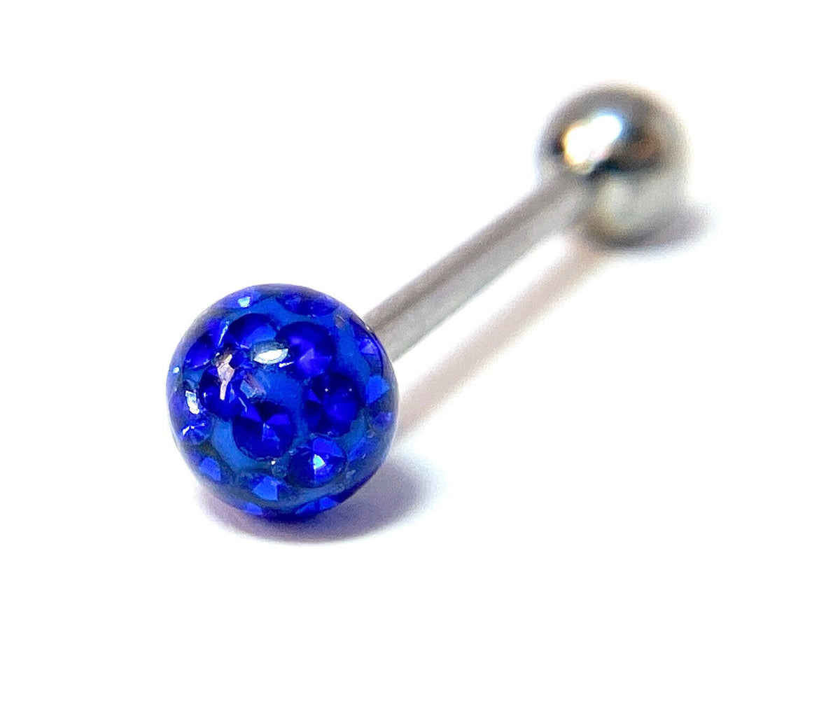 1pc Epoxy Coated Crystal Paved Ball Internally Threaded 16g Tongue Ring Barbell (Color: Blue)