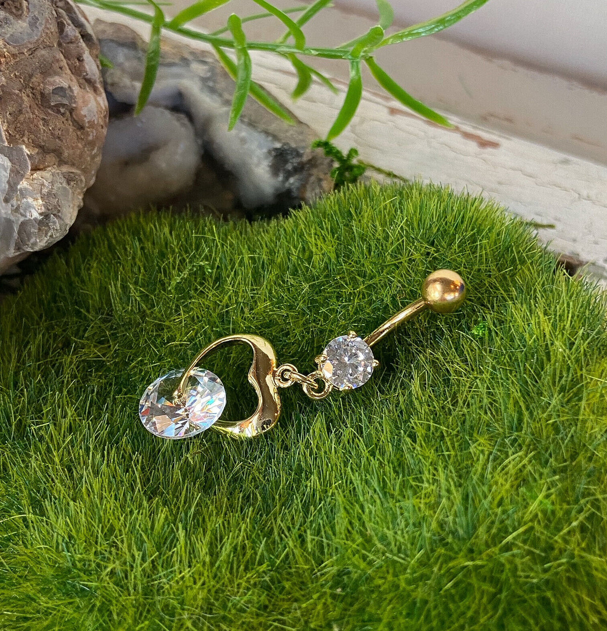 Gold Heart Clear CZ Gem Belly Ring Navel Piercing Pierced Naval Body Jewelry