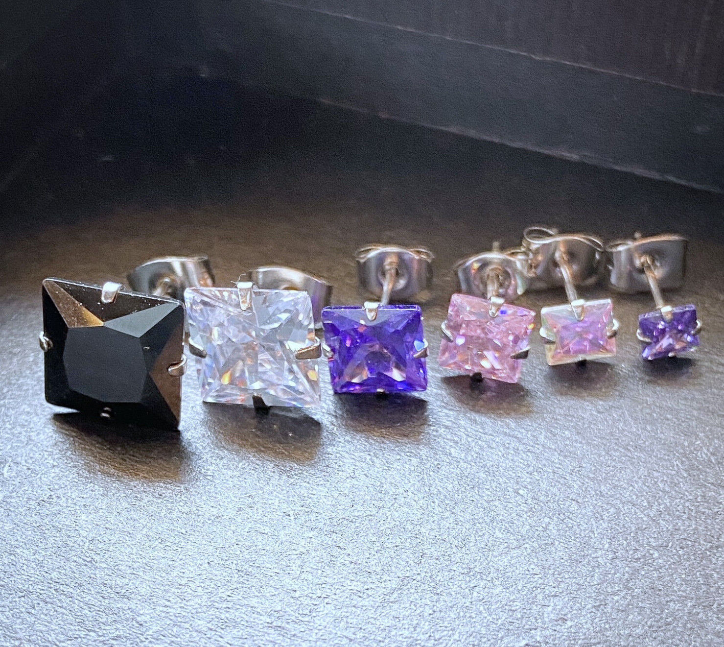 PAIR Square CZ Gem Stud Earrings 316L Surgical Steel, choose color and gem size