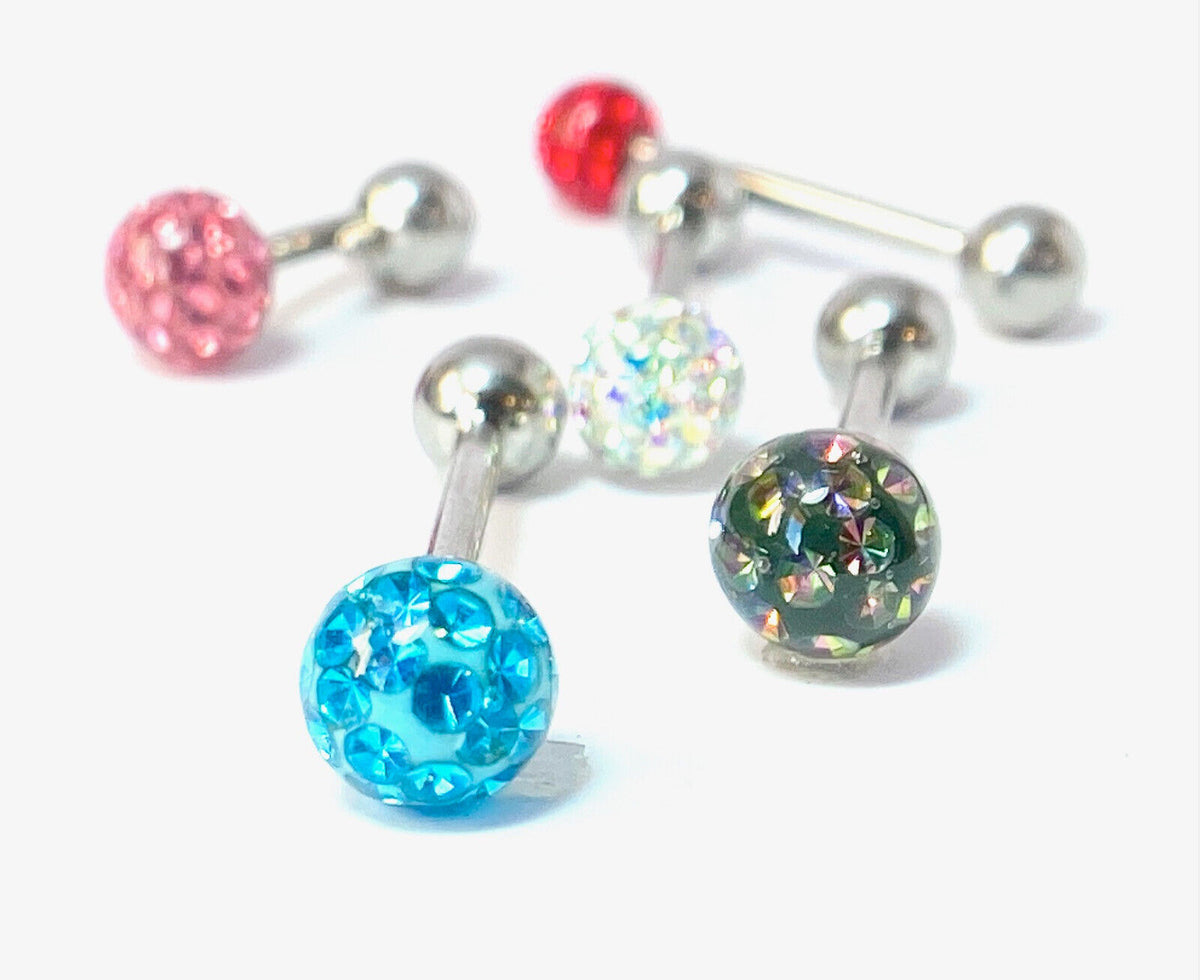1pc Epoxy Coated Crystal Paved Ball Internally Threaded 16g Tongue Ring Barbell