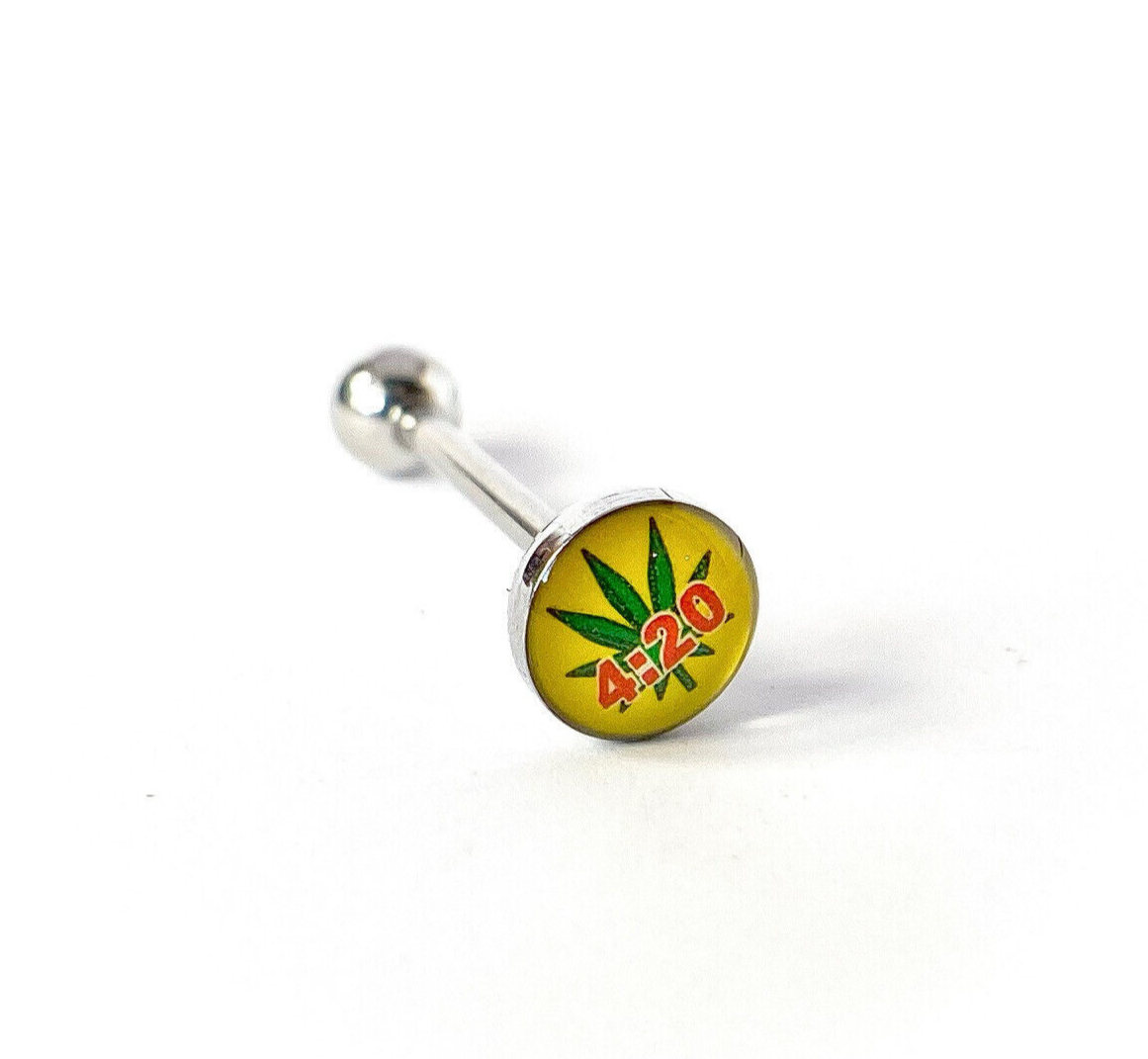 1pc Dome Logo Tongue Ring - choose from Adult Sayings, Sex, Bad Words +more! (Logo Style: 4:20 Pot Leaf)