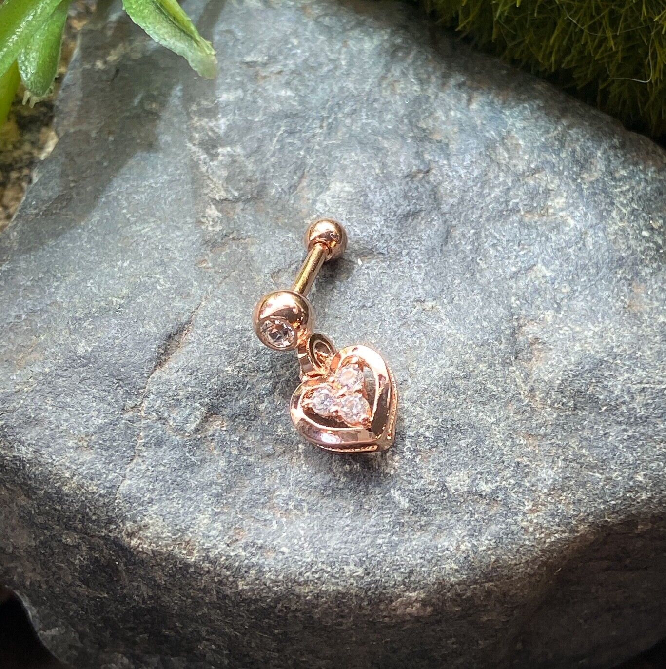 1pc CZ Gem Heart Dangle Tragus Helix Cartilage Barbell Ring 16g 1/4" (Color: Rose Gold)