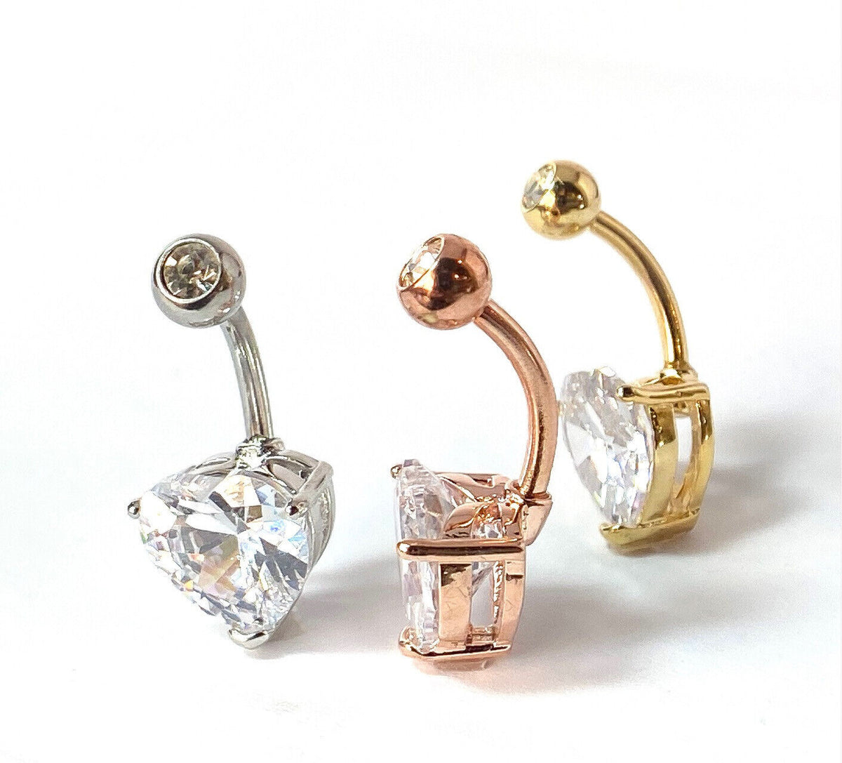 3pc Value Pack Heart Prong Set CZ Gem Gold Plated Steel Belly Rings Navel Naval