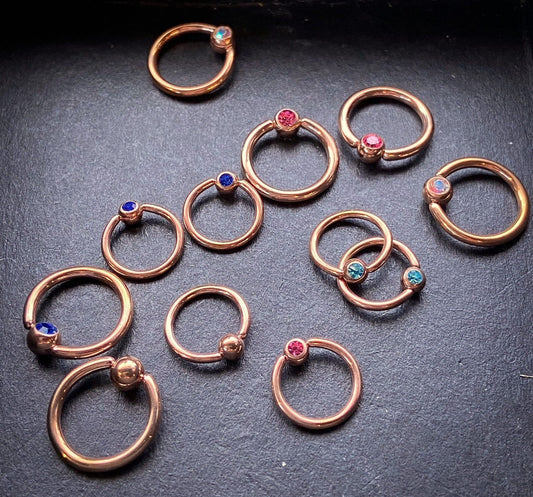 PAIR Rose Gold Gem Captive Bead Rings for Ears, Eyebrow, Septum, Nipples, etc