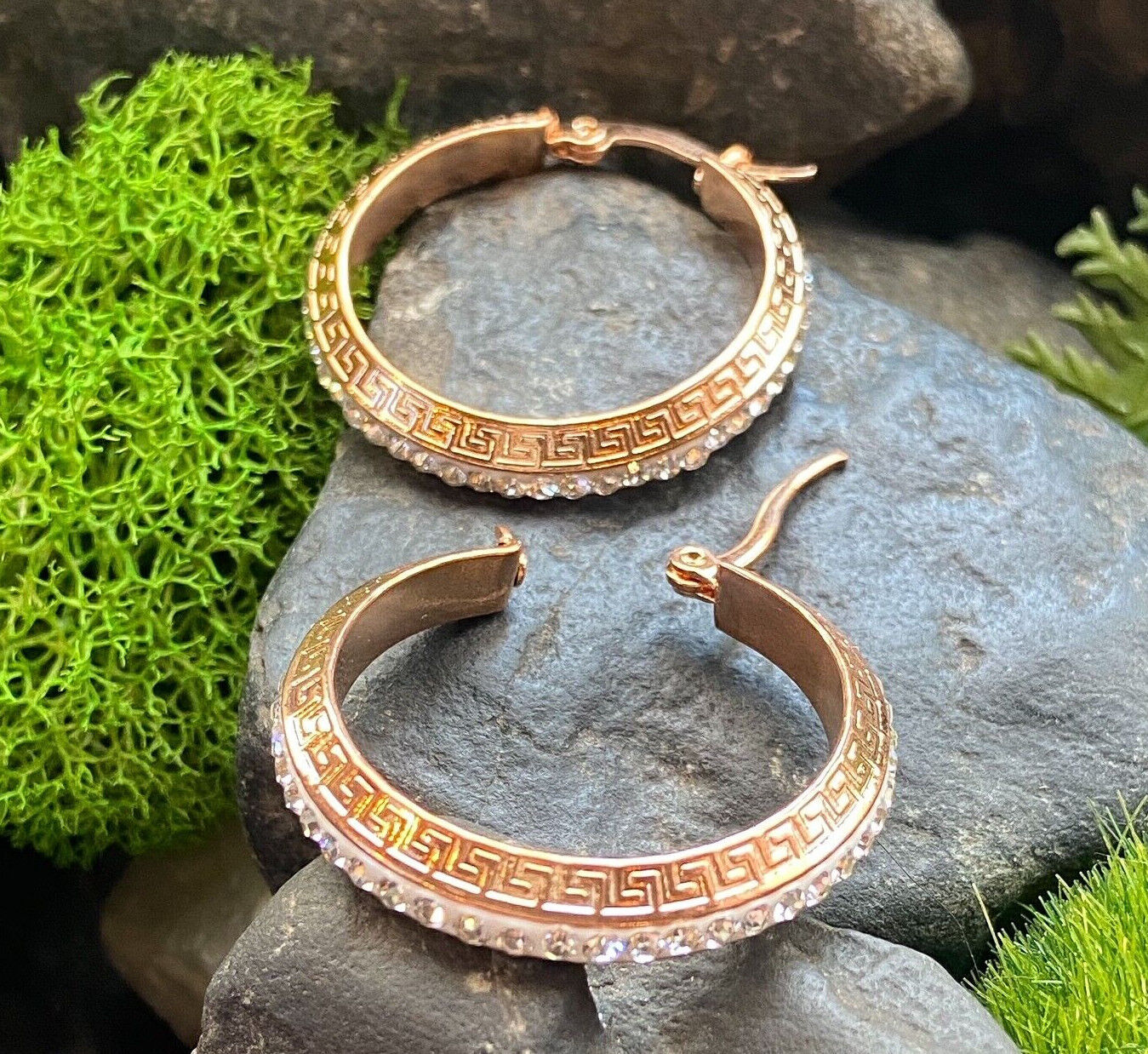 PAIR of Maze Hoop w/ Crystal Gem Paved Outer Rim Earrings 20g Stainless Steel (Color: Rose Gold)