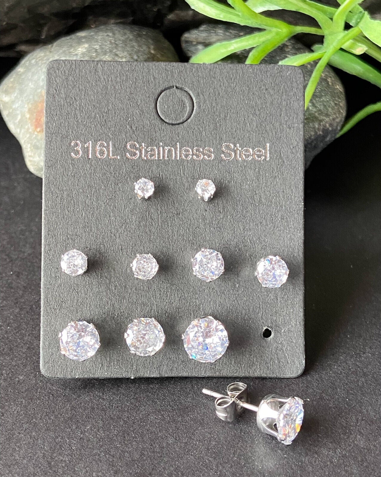 5 PAIR CZ Gem Stud Earrings 316L Stainless Steel retail / display peggable card (Color: Steel/Clear)