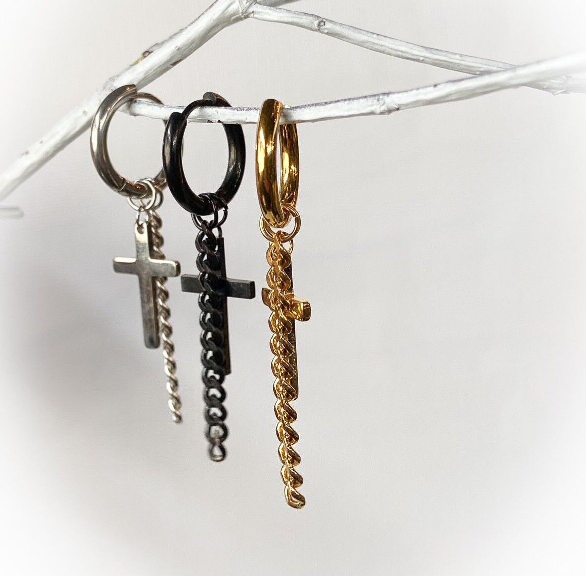 PAIR 316L Steel Hinge Action 20g Seamless Hoop Earrings w/ Cross & Chain Dangle