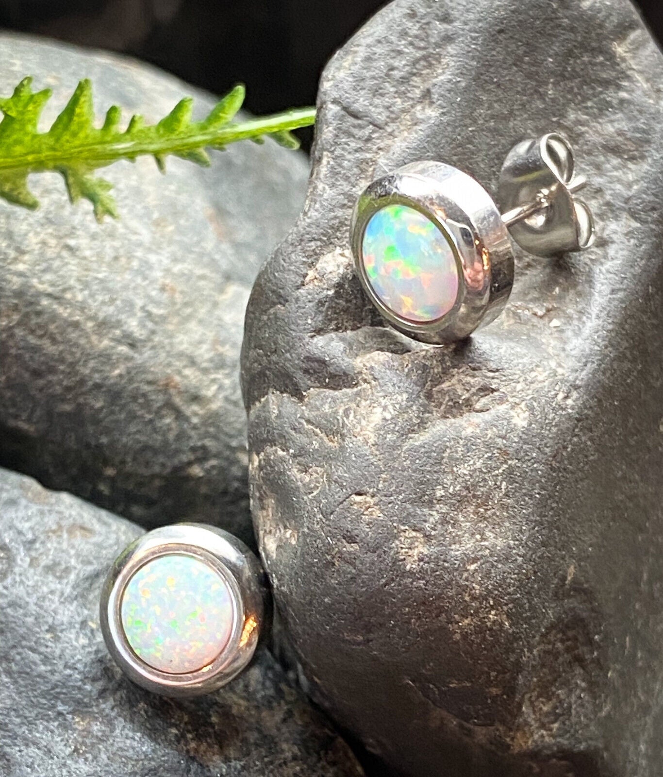 PAIR Large 6mm Opal in 9mm Bezel Setting 316L Stainless Steel Earrings (Color: White)