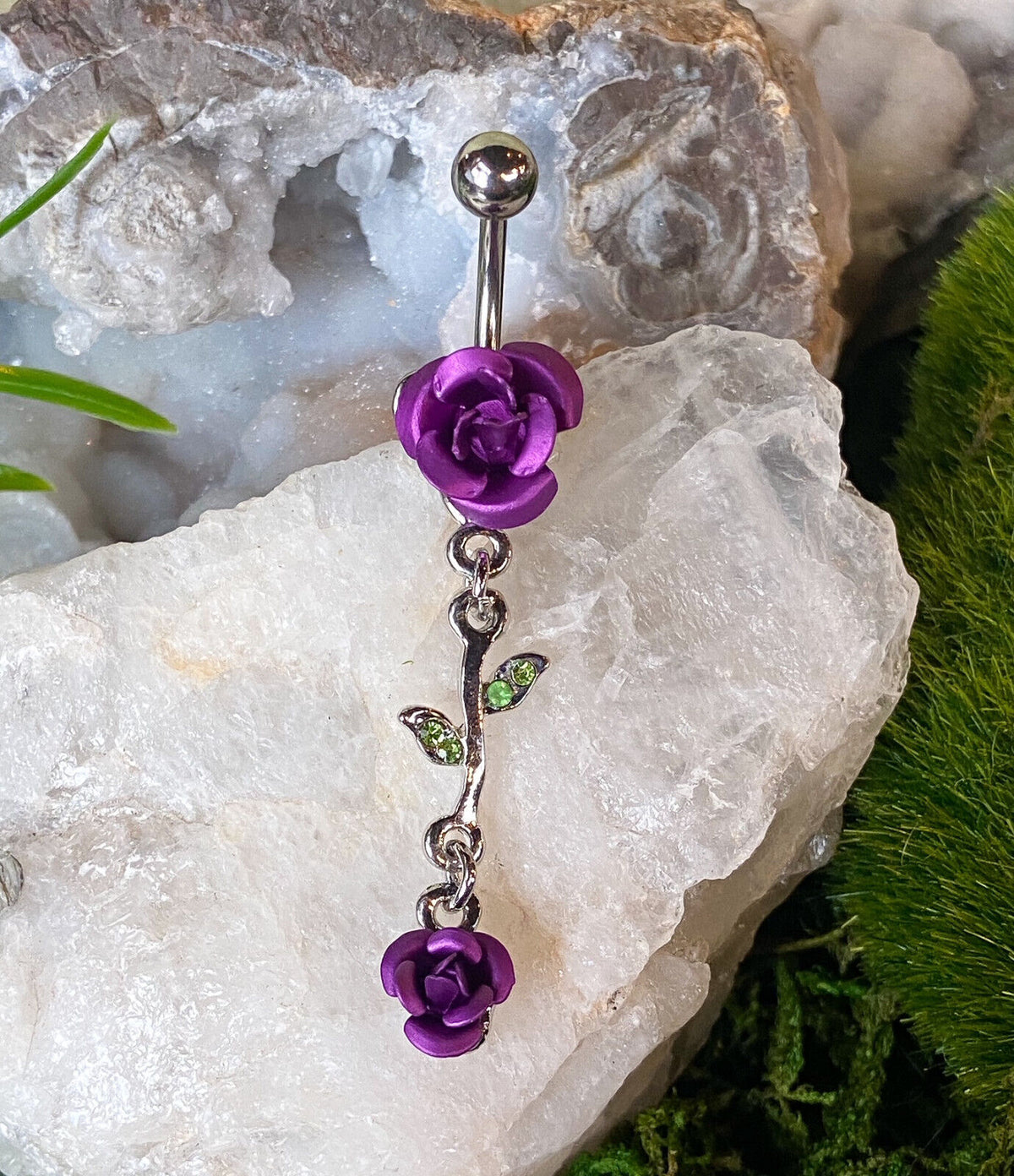 1pc Double Rose & Vine Belly Ring Navel Piercing Pierced Naval Flower Jewelry (Color: Purple)