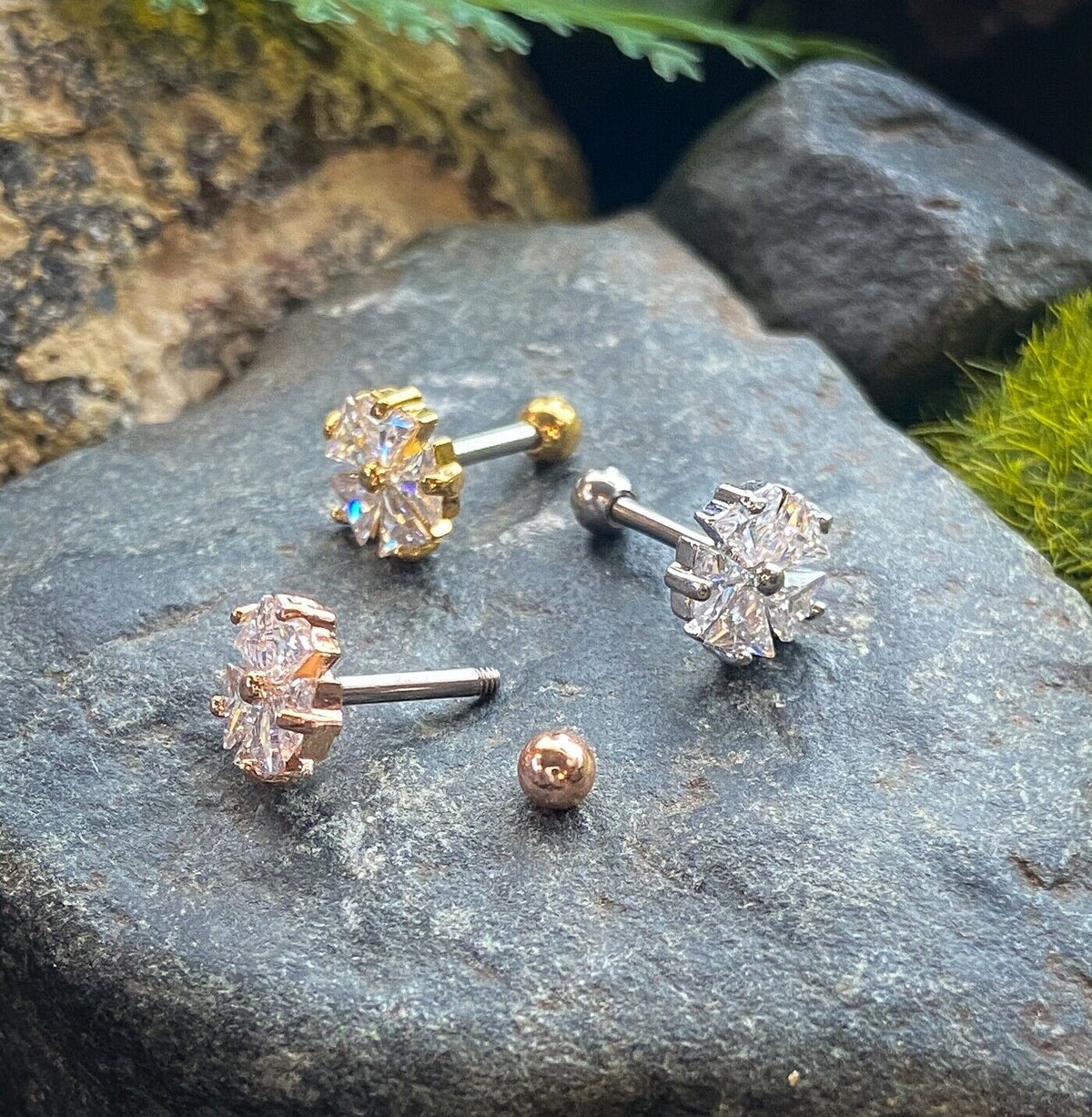 1pc Five CZ Gem Triangle Flower Steel Tragus Cartilage Barbell Ring 16g 1/4"