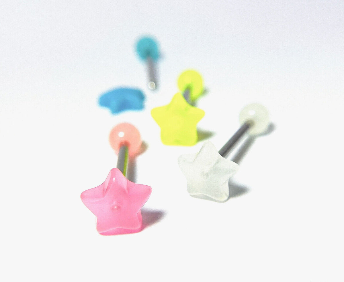 4pc Value Pack Glow in the Dark Star Steel Tongue Rings 14g Tounge Body Jewelry