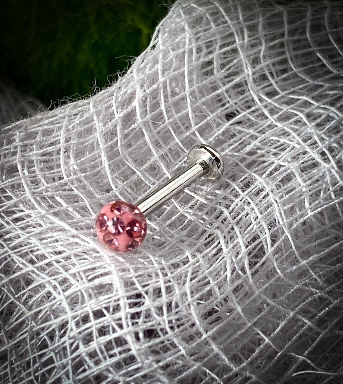 1pc Epoxy Coated Crystal Paved Ball Labret Cartilage Barbell Internally Threaded (Color: Pink)