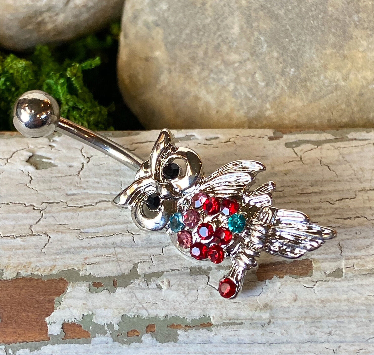 Multicolor Gem Owl Belly Ring on Retail Card Navel Piercing Pierced Naval